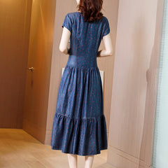 High Waist Print Square Collar Denim Dress
