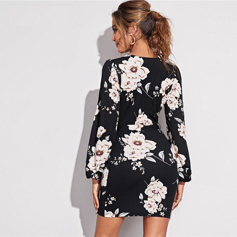 Elegant V-Neck High Waist Slim Fit Bodycon Short Dresses