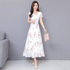 High Waist Slim Short Sleeve Ankle-Length Chiffon Midi Dresses