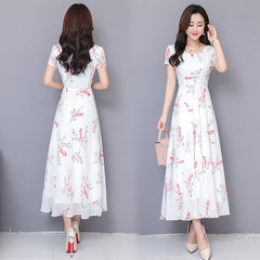 High Waist Slim Short Sleeve Ankle-Length Chiffon Midi Dresses