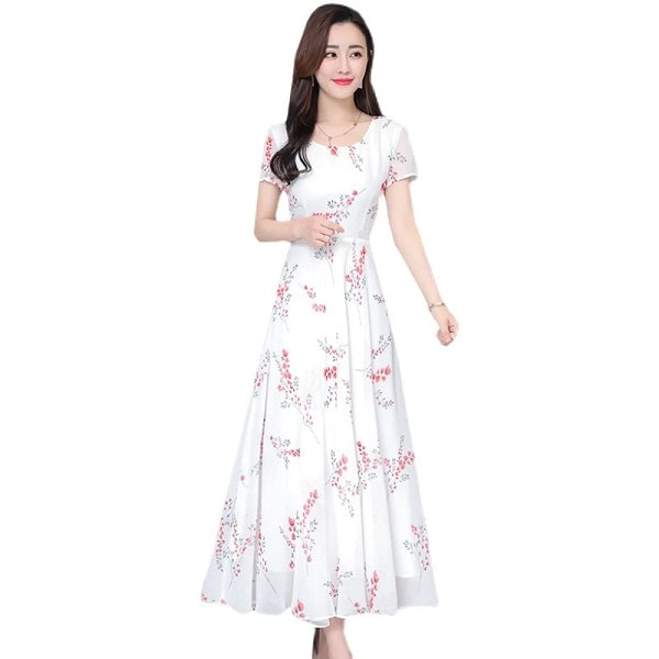 High Waist Slim Short Sleeve Ankle-Length Chiffon Midi Dresses