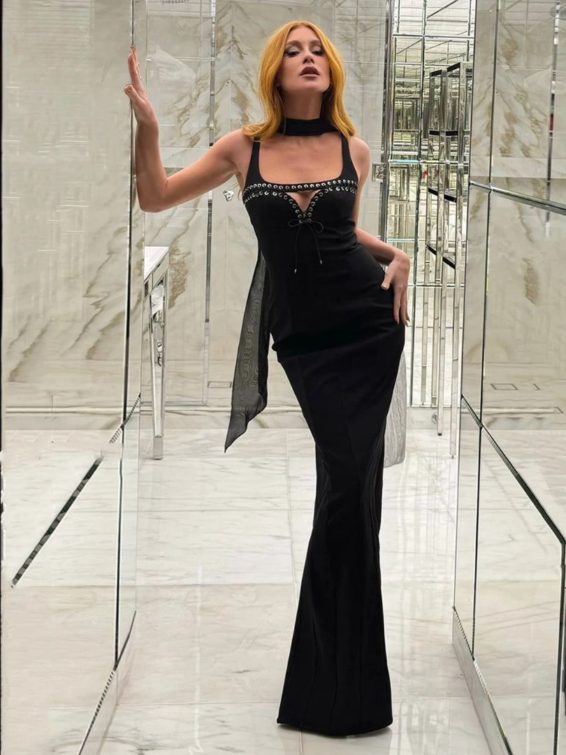 High Waisted Slim Long Dress With Ribbon Sleeveless Hollow Out