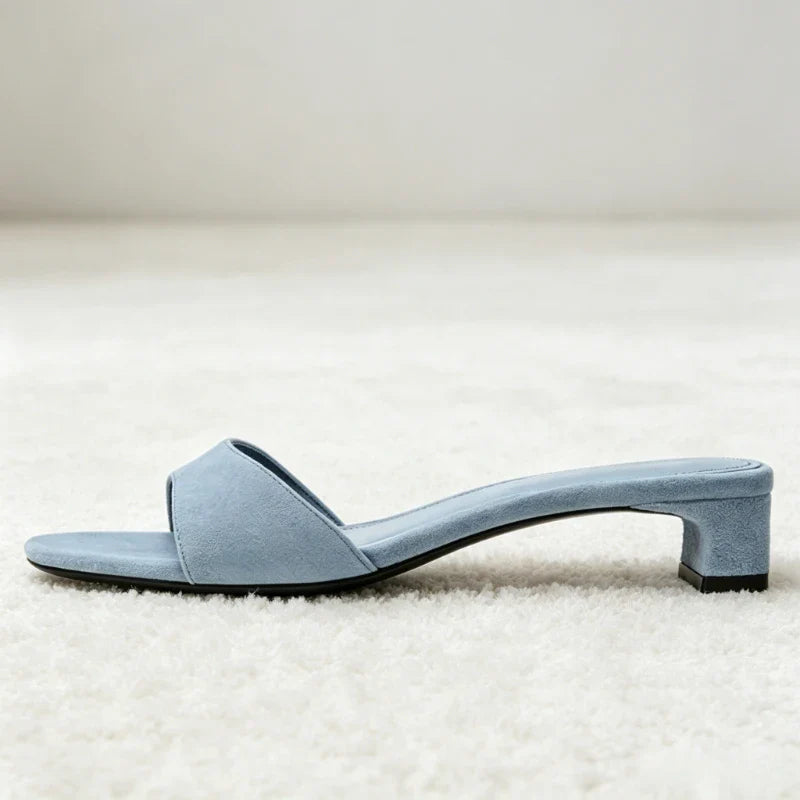 High-quality Blue Faux Suede Mule Sandals for Concise Square-toe Front-strap Slide Sandals Open-toe Designer Shoes