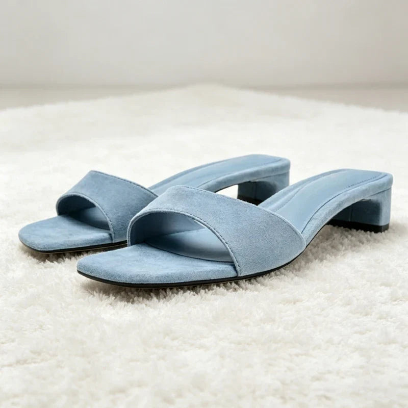 High-quality Blue Faux Suede Mule Sandals for Concise Square-toe Front-strap Slide Sandals Open-toe Designer Shoes