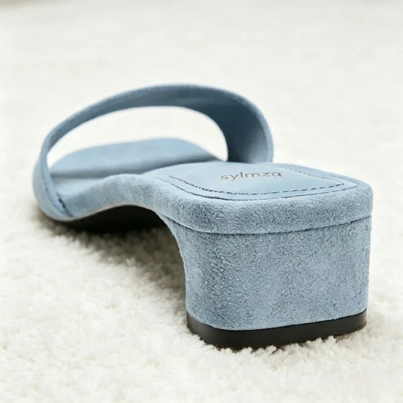 High-quality Blue Faux Suede Mule Sandals for Concise Square-toe Front-strap Slide Sandals Open-toe Designer Shoes
