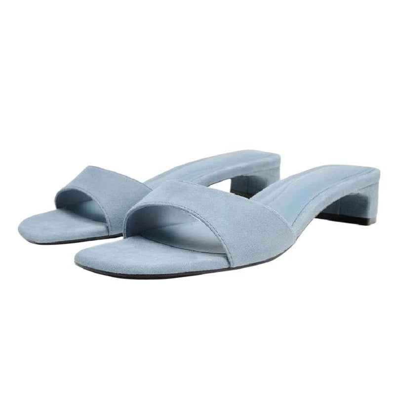 High-quality Blue Faux Suede Mule Sandals for Concise Square-toe Front-strap Slide Sandals Open-toe Designer Shoes
