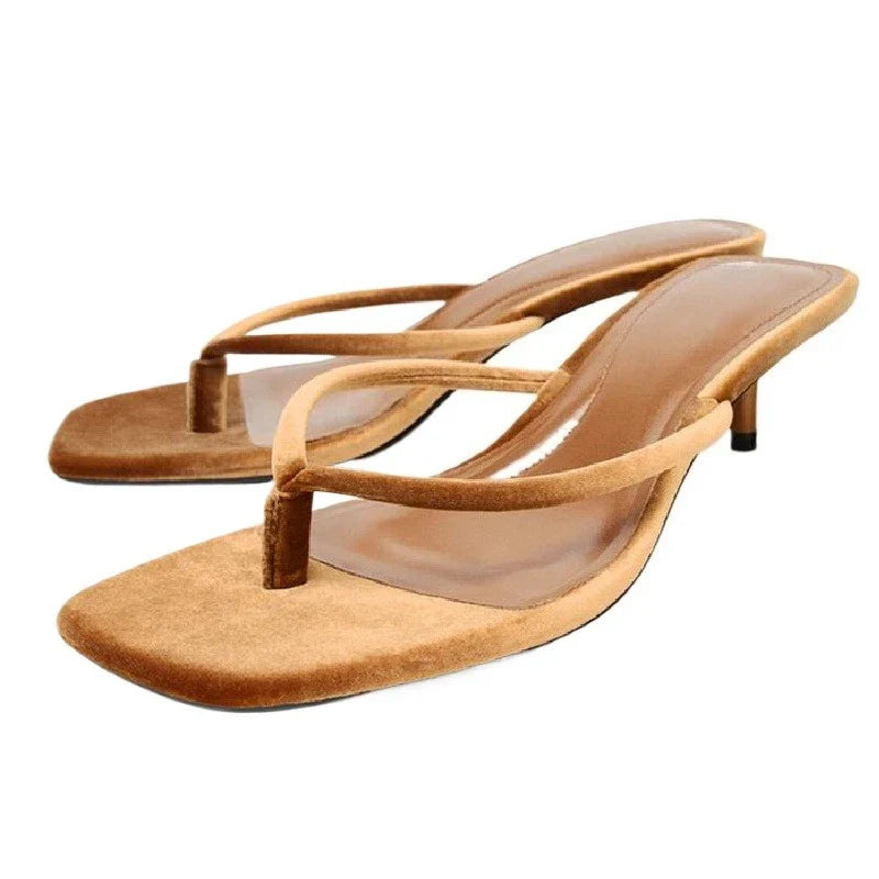 High-quality Brown Velvet Kitten-heel Slippers Square-toe Clip-toe Beach Flip-flops Luxury Brand Designer Shoes