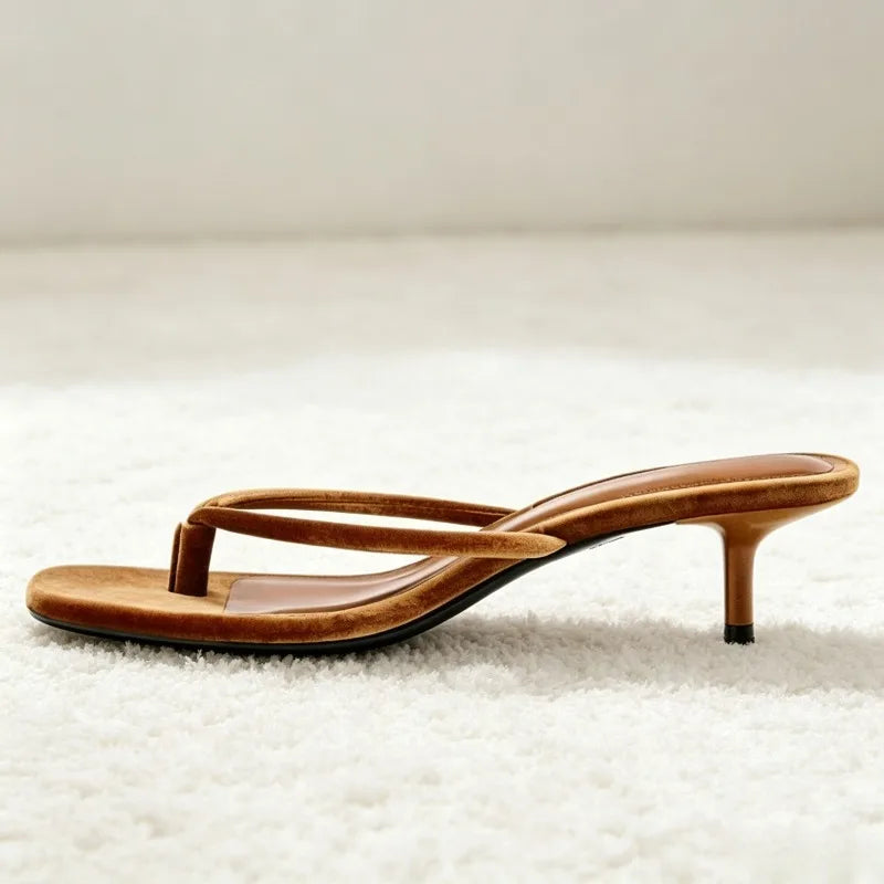 High-quality Brown Velvet Kitten-heel Slippers Square-toe Clip-toe Beach Flip-flops Luxury Brand Designer Shoes