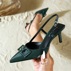High-quality Patent Leather Slingbacks Pumps Pointed Toe Thin High Heel