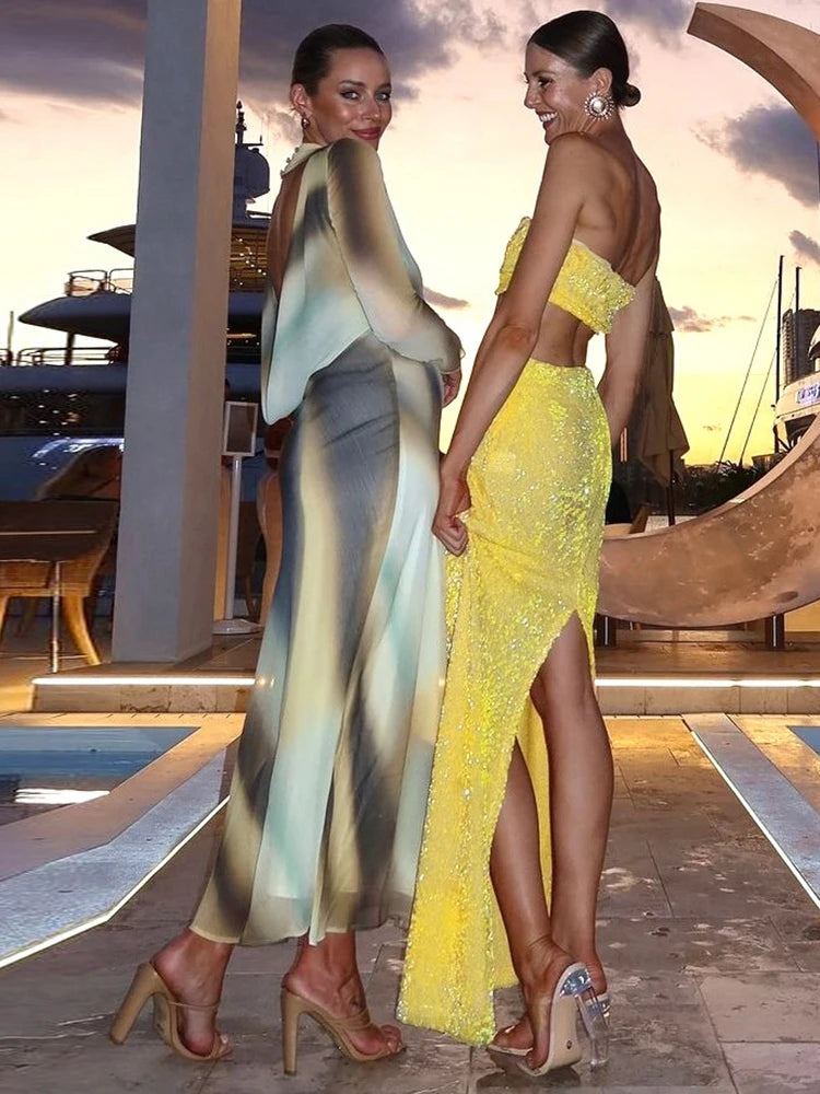 Hipster Festival Style Wrapped Chest Mini Tops Matching Straight Maxi Skirts Vacation Suits