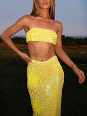 Hipster Festival Style Wrapped Chest Mini Tops Matching Straight Maxi Skirts Vacation Suits