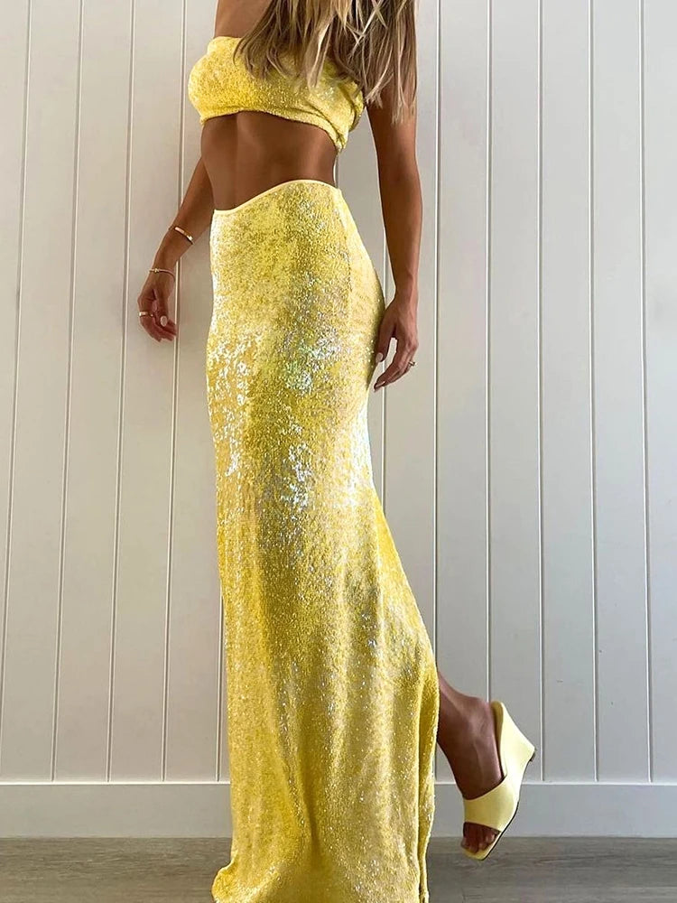 Hipster Festival Style Wrapped Chest Mini Tops Matching Straight Maxi Skirts Vacation Suits