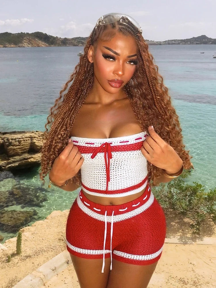 Hollow Beach Vacation Shirring Strapless Tops Contrast Shorts Matching Tight Stretch Suits