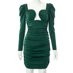 Hollow Creased Long-sleeved Cut Out Square Neck Dress