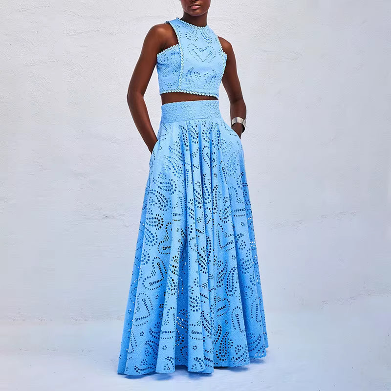 Hollow Embroidery Temperament O Neck Sleeveless Vest Skirt Set