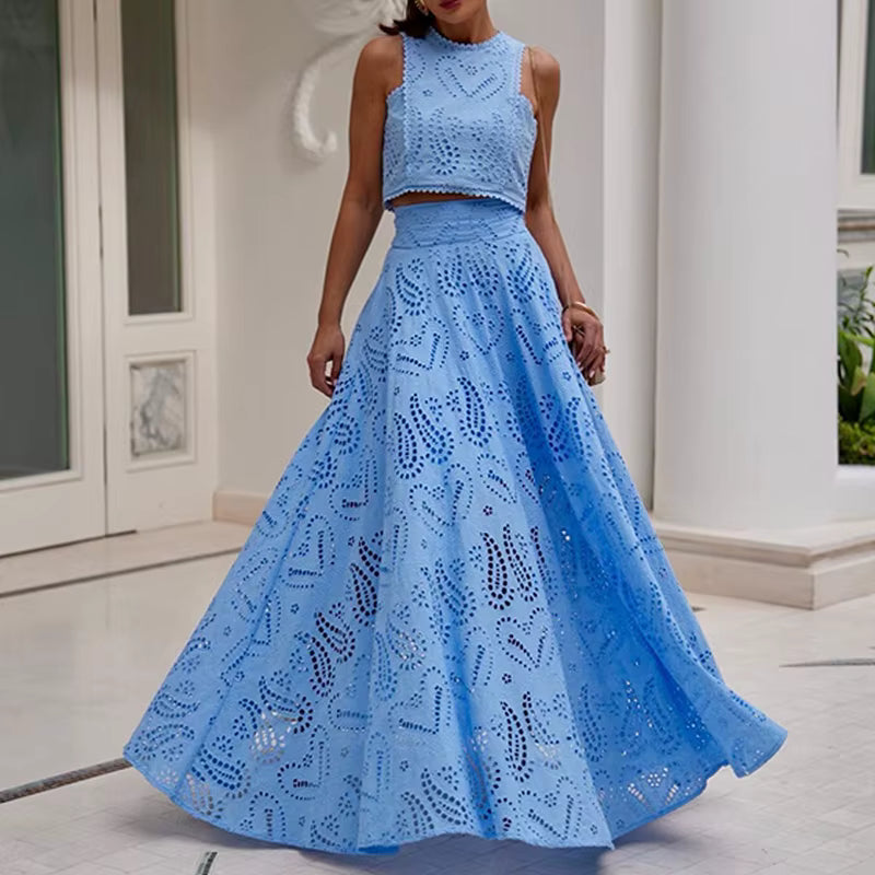 Hollow Embroidery Temperament O Neck Sleeveless Vest Skirt Set