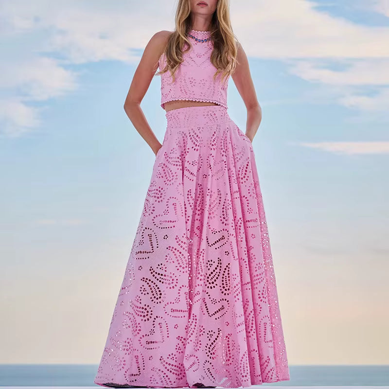 Hollow Embroidery Temperament O Neck Sleeveless Vest Skirt Set