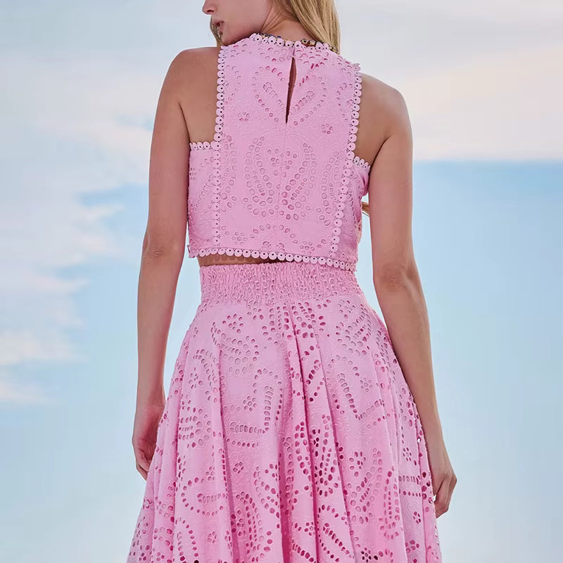 Hollow Embroidery Temperament O Neck Sleeveless Vest Skirt Set