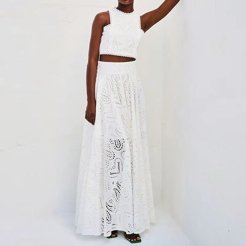 Hollow Embroidery Temperament O Neck Sleeveless Vest Skirt Set