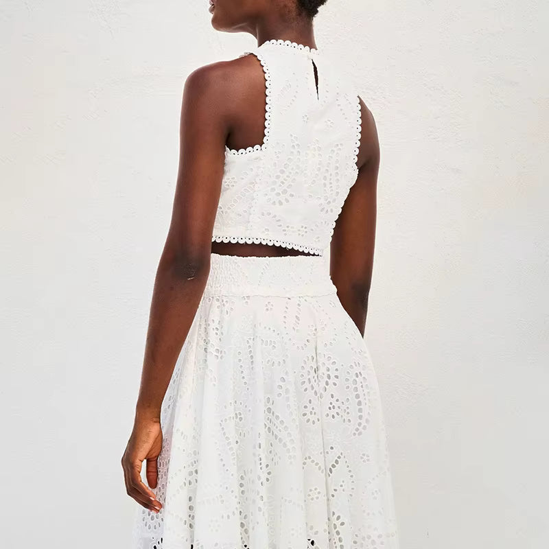 Hollow Embroidery Temperament O Neck Sleeveless Vest Skirt Set