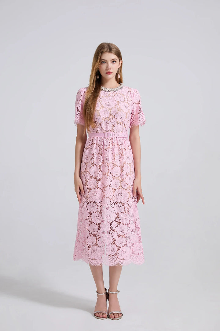 Hollow High Quality Diamonds Floral Short Sleeve Party Midi Dresses