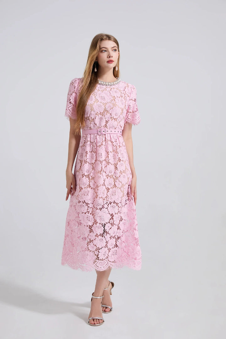Hollow High Quality Diamonds Floral Short Sleeve Party Midi Dresses