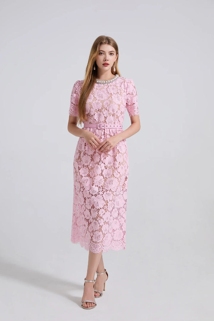 Hollow High Quality Diamonds Floral Short Sleeve Party Midi Dresses