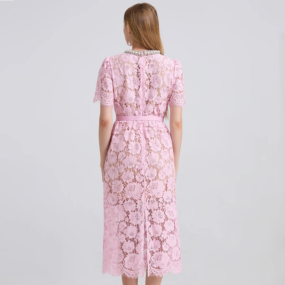 Hollow High Quality Diamonds Floral Short Sleeve Party Midi Dresses