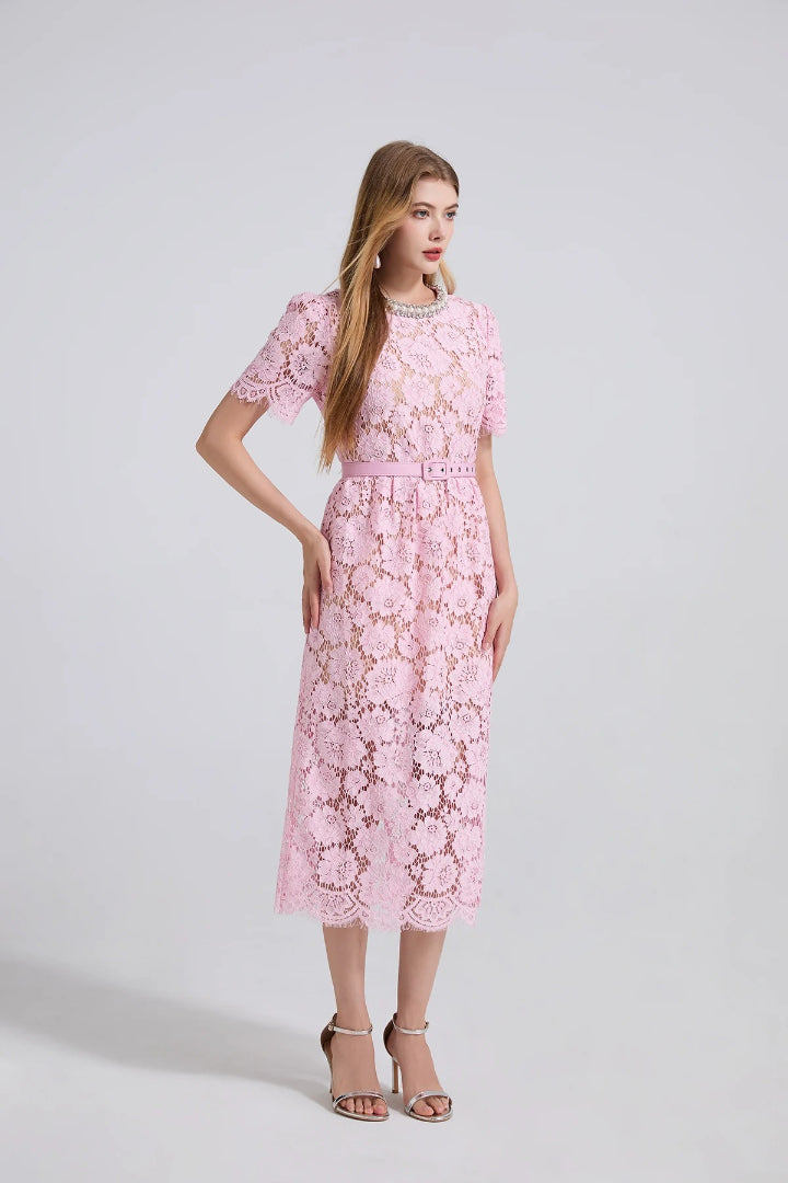 Hollow High Quality Diamonds Floral Short Sleeve Party Midi Dresses