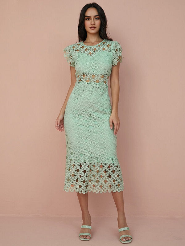 Hollow Lace Solid Ruffle Sleeve Midi Dress