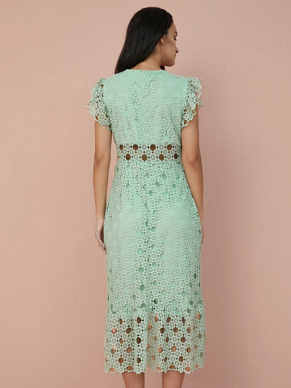 Hollow Lace Solid Ruffle Sleeve Midi Dress