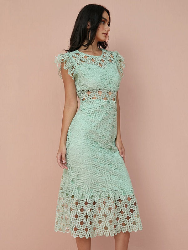 Hollow Lace Solid Ruffle Sleeve Midi Dress