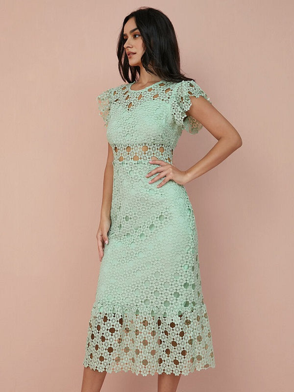 Hollow Lace Solid Ruffle Sleeve Midi Dress