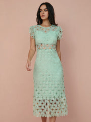 Hollow Lace Solid Ruffle Sleeve Midi Dress