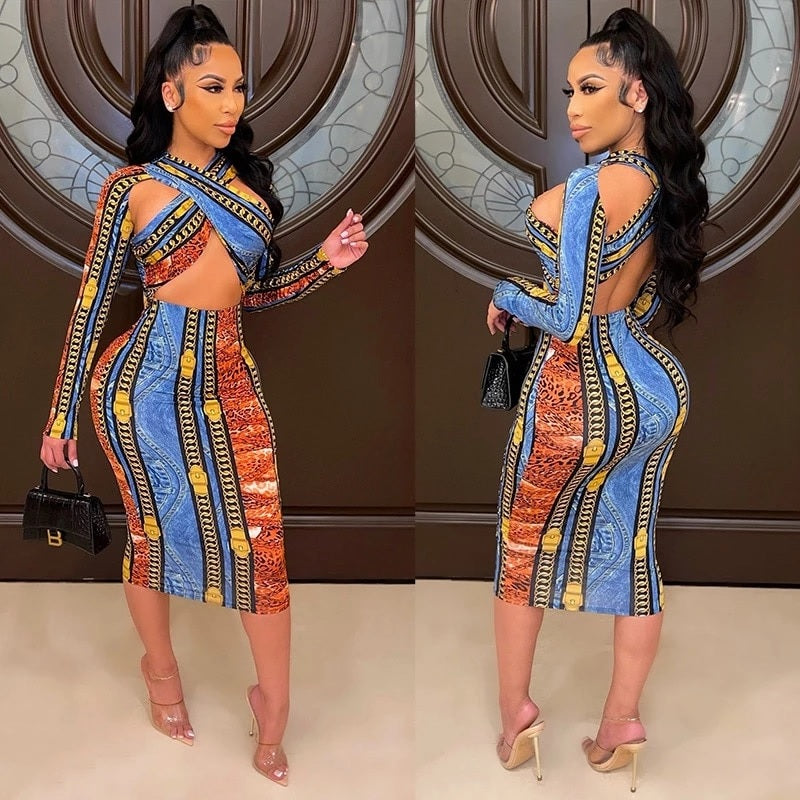 Hollow Long Sleeve Night Club Party Dress