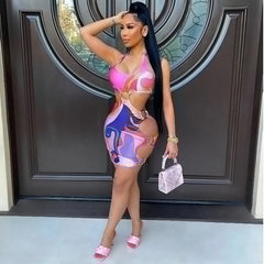 Hollow Out Backless Bandage Printed Bodycon Dress