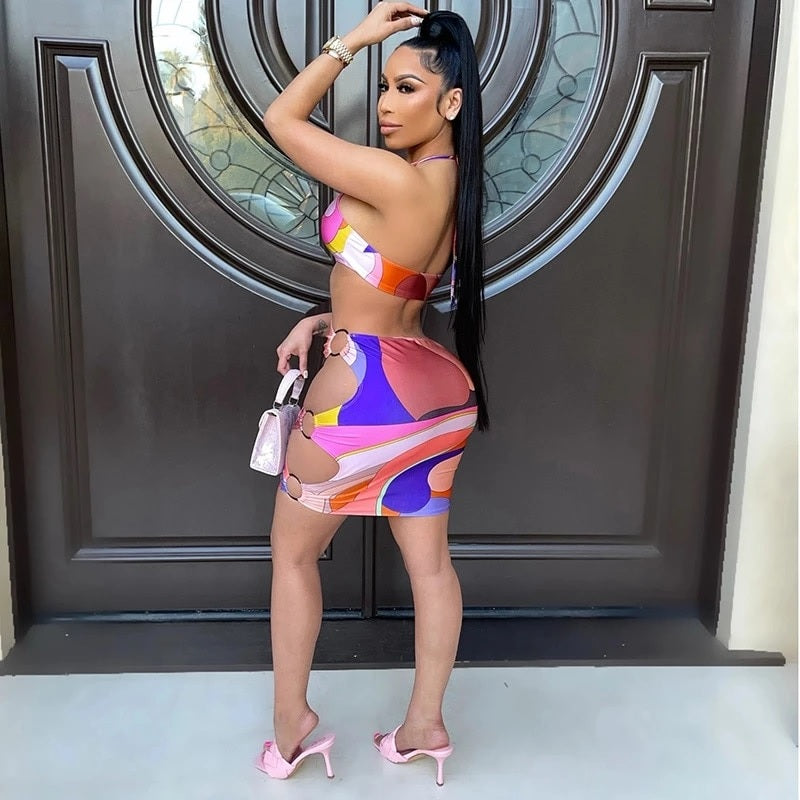 Hollow Out Backless Bandage Printed Bodycon Dress