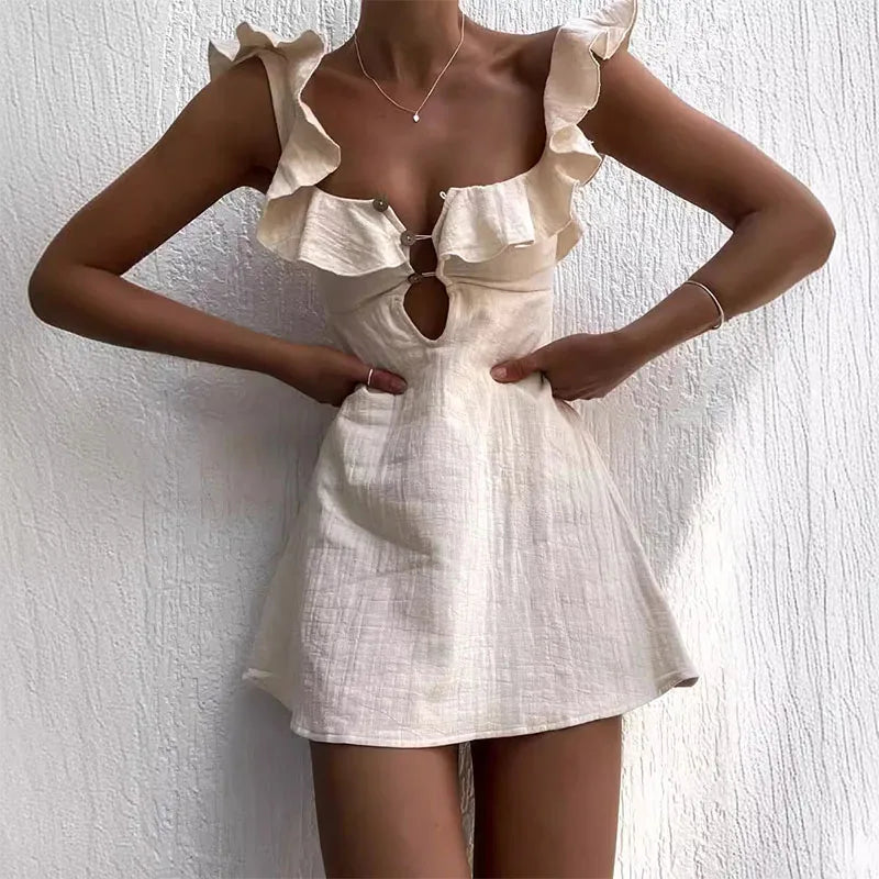 Hollow Out Button Ruffles V Neck Sleeveless Solid Color Short Dress