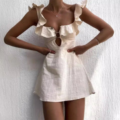 Hollow Out Button Ruffles V Neck Sleeveless Solid Color Short Dress