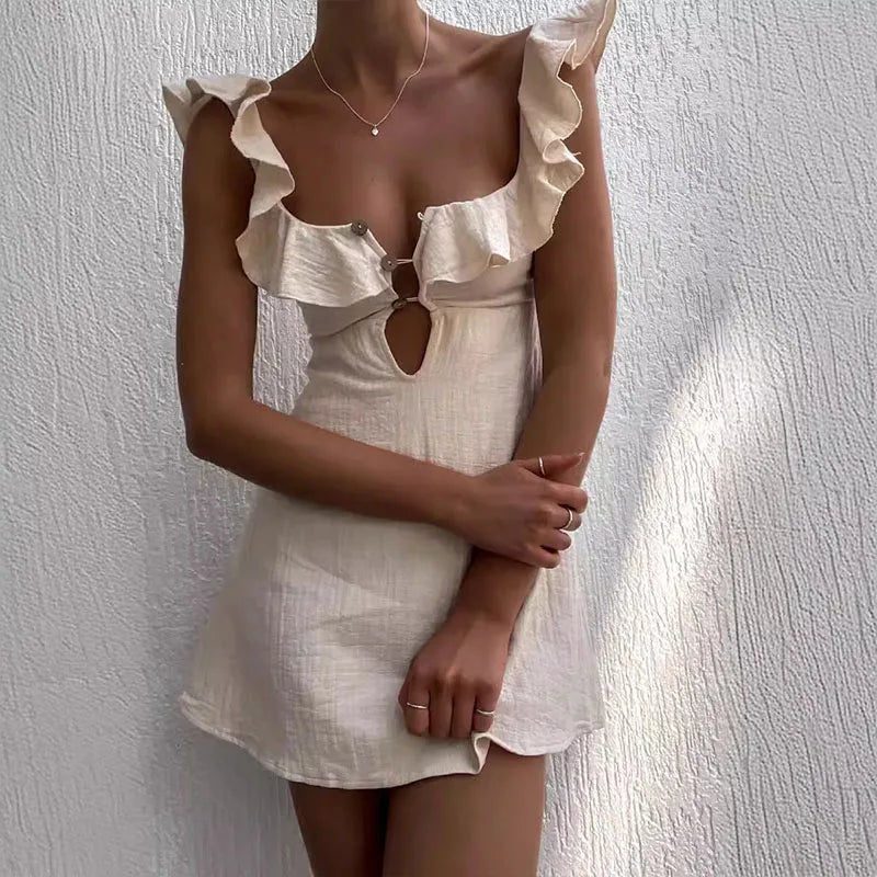 Hollow Out Button Ruffles V Neck Sleeveless Solid Color Short Dress