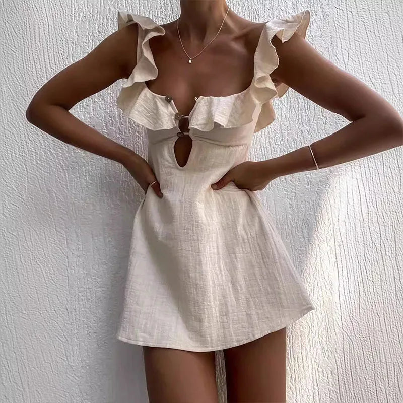 Hollow Out Button Ruffles V Neck Sleeveless Solid Color Short Dress