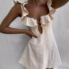 Hollow Out Button Ruffles V Neck Sleeveless Solid Color Short Dress
