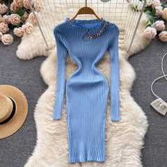 Hollow Out Chain Knitted O Neck Party Dress