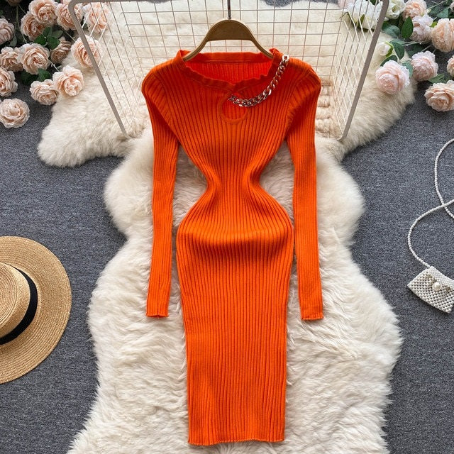 Hollow Out Chain Knitted O Neck Party Dress