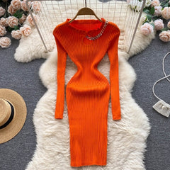 Hollow Out Chain Knitted O Neck Party Dress
