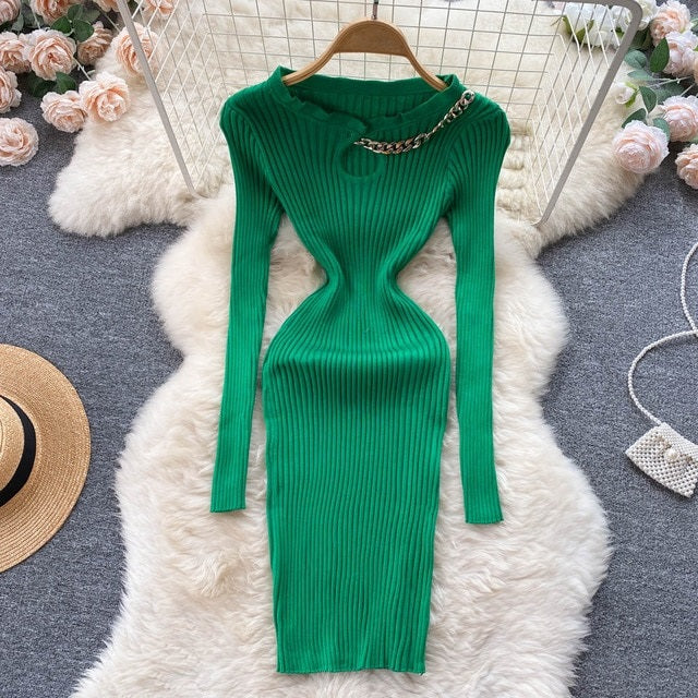 Hollow Out Chain Knitted O Neck Party Dress
