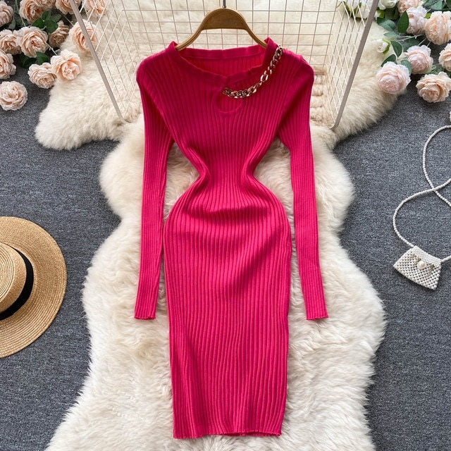 Hollow Out Chain Knitted O Neck Party Dress