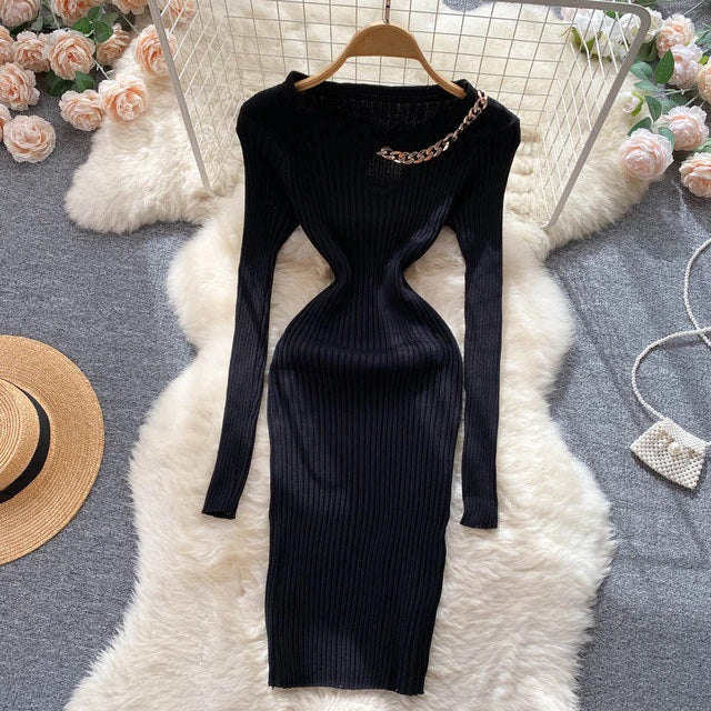 Hollow Out Chain Knitted O Neck Party Dress