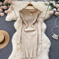 Hollow Out Chain Knitted O Neck Party Dress