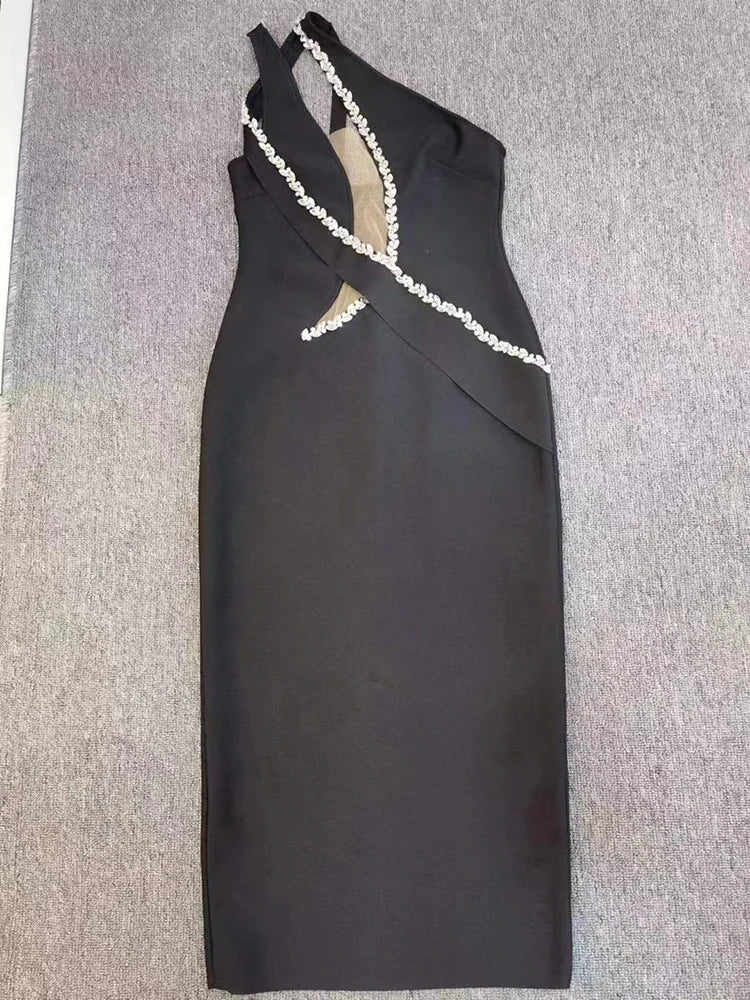 Hollow Out Diamonds One Shoulder Mesh Patchwork Evening Party Bodycon Bandage Midi Dress